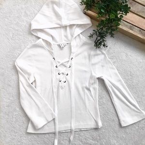 Cabi Waffle Knit 3/4 Sleeve Lace Up Top with Hood